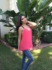 V Neck Contrast Strap Top - Watermelon