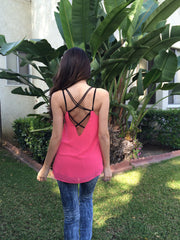 V Neck Contrast Strap Top - Watermelon