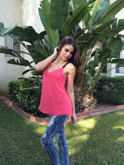 V Neck Contrast Strap Top - Watermelon