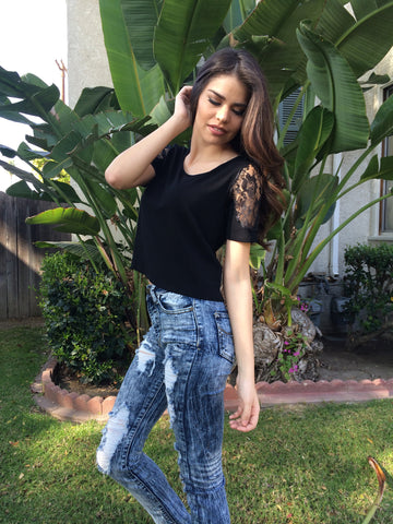 Lace Sleeve Top - Black