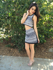 Pattern Stitched  Crop Top- Black