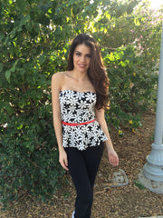 Floral Print Ponti Tube Top with Belt- Black