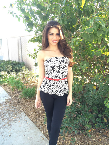 Floral Print Ponti Tube Top with Belt- Black