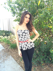Floral Print Ponti Tube Top with Belt- Black