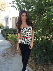 Floral Print Ponti Tube Top with Belt- Black