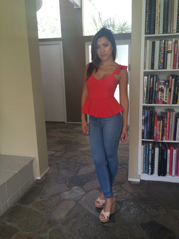 Dragon Peplum Top - Tomato Red