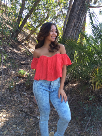 Off The Shoulder Crop Top - Tomato