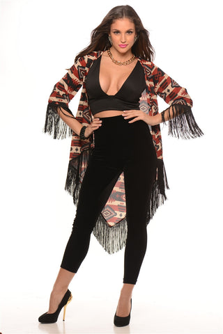 Red & Black Fringed Print Cardigan