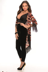 Red & Black Fringed Print Cardigan