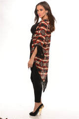 Red & Black Fringed Print Cardigan