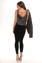 Black & Silver Flowy Crop Top with Sequins