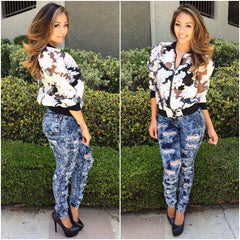 Fully Distressed High Waist Acid Wash Jeans