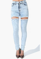 High Rise Acid Wash Thigh Slit Skinny Premium Denim - Light Blue