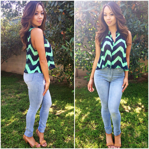 Chevron Wave Top - Green/Navy