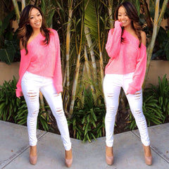 Distressed High Rise Skinny Jeans - White