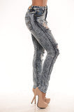 Acid Wash Distressed High Waist Jeans - Medium Blue