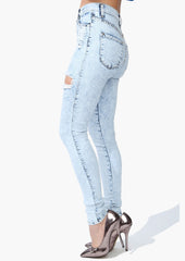 High Rise Acid Wash Thigh Slit Skinny Premium Denim - Light Blue